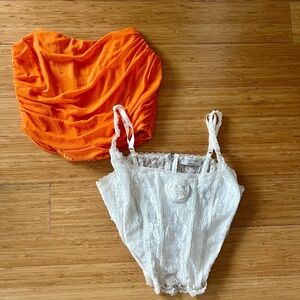 Corset Duo: Orange Strapless + White Lace Rose